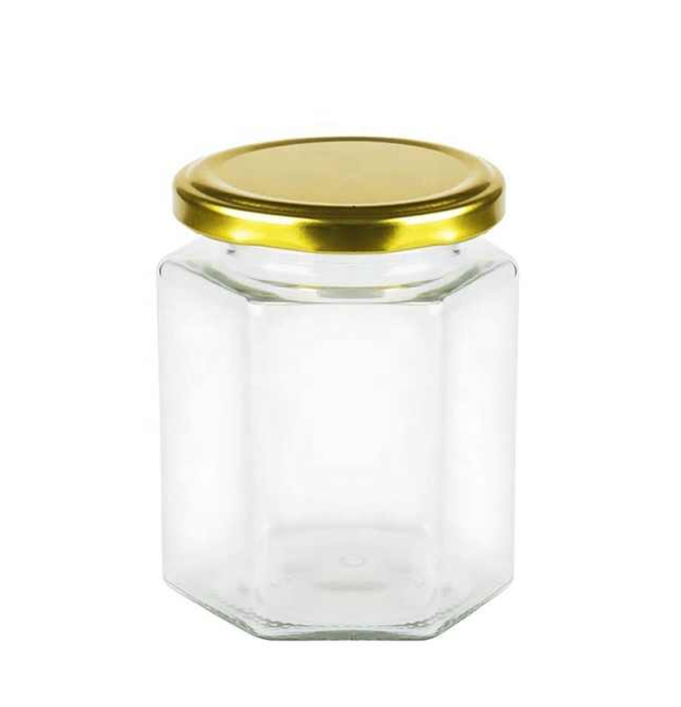 20 OZ (1.25 LB) HEXAGONAL GLASS JAR WITH GOLD METAL LID