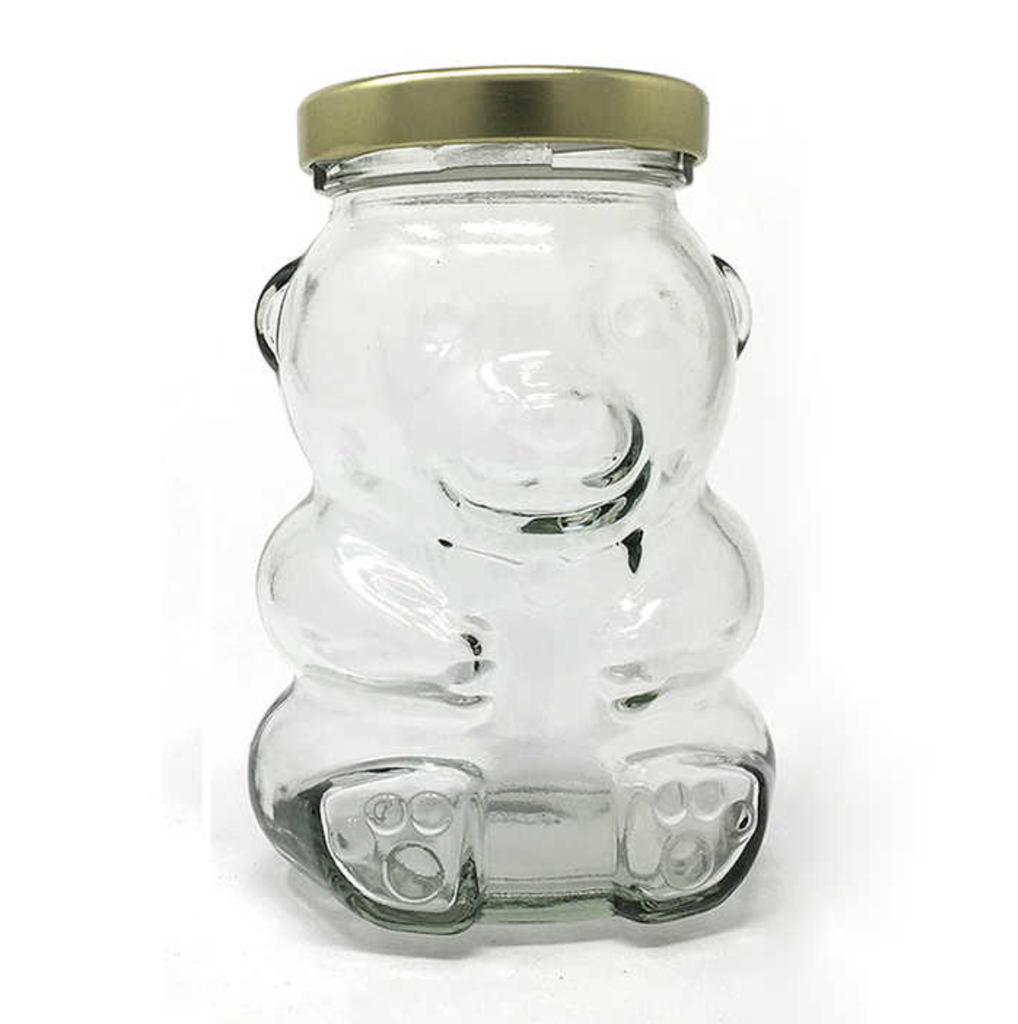 13.5 OZ BEAR GLASS JAR WITH GOLD METAL LID 