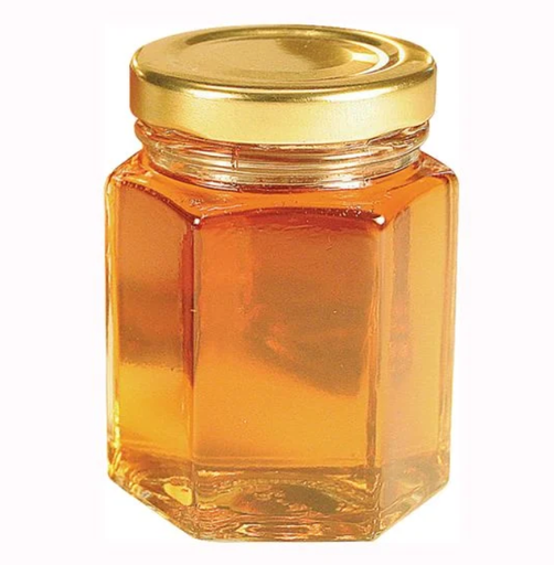 [A0296] 9 OZ OF WILD-FLOWER RAW HONEY IN A HEXAGONAL GLASS JAR 