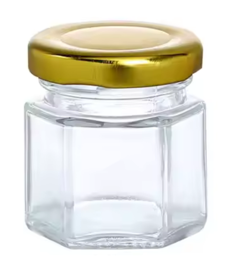 [A0455] 2.25 OZ HEXAGONAL GLASS JAR WITH GOLD METAL LID – 100PK