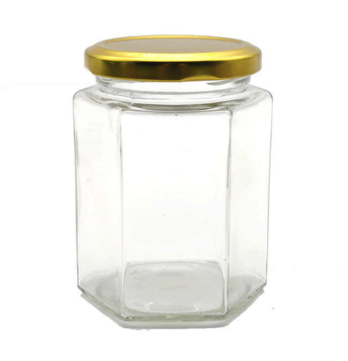 [A0463] 9 OZ HEXAGONAL GLASS JAR WITH GOLD METAL LID – 100PK