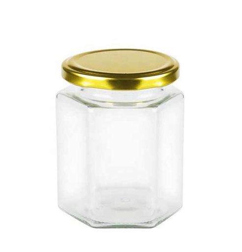 [A0470] 20 OZ (1.25 LB) HEXAGONAL GLASS JAR WITH GOLD METAL LID