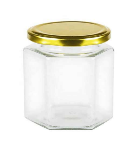 [A0479] 37 OZ (2.3 LB) HEXAGONAL GLASS JAR WITH GOLD METAL LID – 100PK