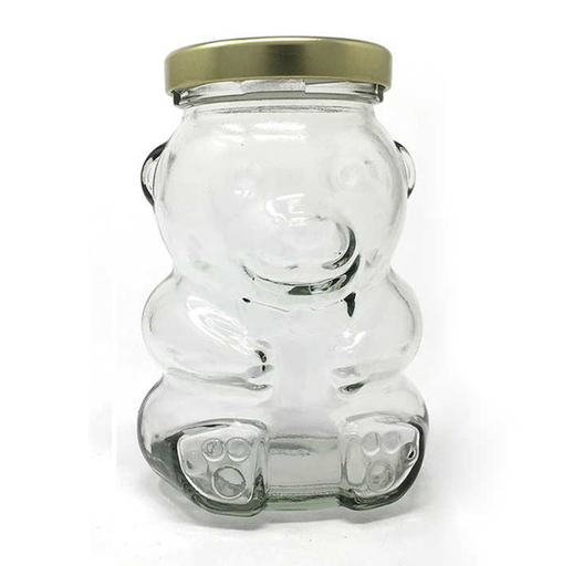 [A0486] 13.5 OZ BEAR GLASS JAR WITH GOLD METAL LID 